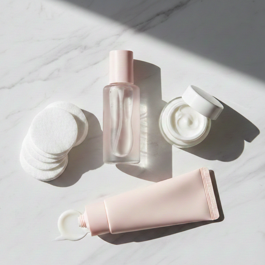 Skincare products on marble surface.